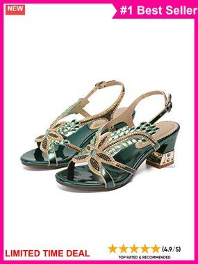 Handmade Rhinestone Crystal Block Heel Evening Wedding Prom Sandals 6.5cm